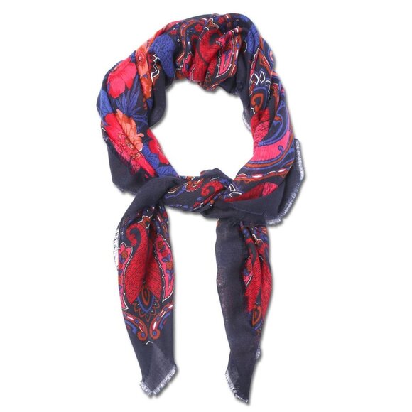 Floral Pashmina Style Scarf Wrap Shawl Navy Pink Paisley Tassel Fringed Cotton - Picture 3 of 5